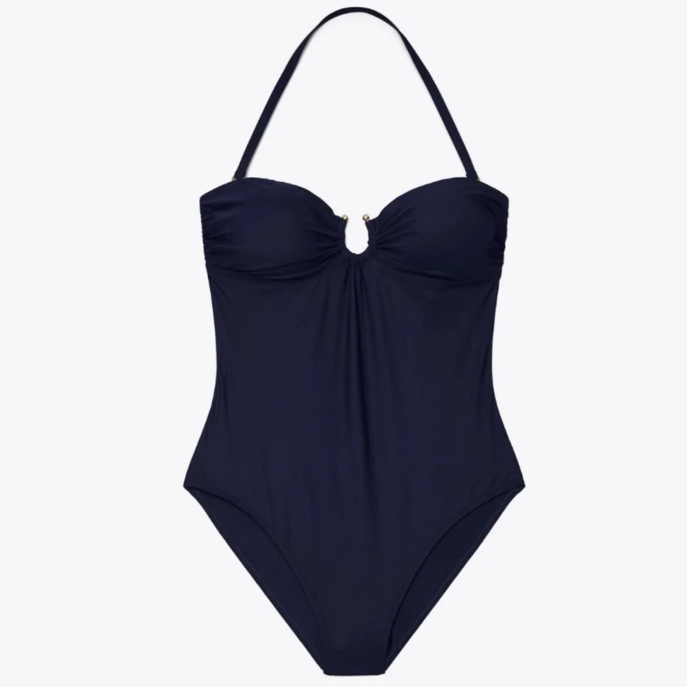 Tory Burch Solid Bandeau‎ Navy Blue U Ring One Piece Swimsuit Size L New